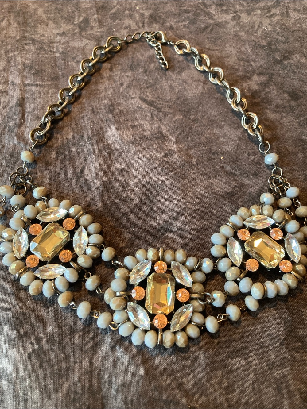Statement Crystal Bib Necklace in Cream and Vintage Inspired Chain